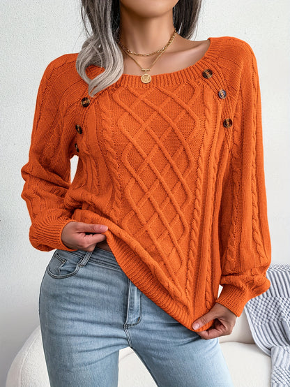 Autumn/Winter European & American Casual Solid Color Square Neck Button Twist Long Sleeve Sweater