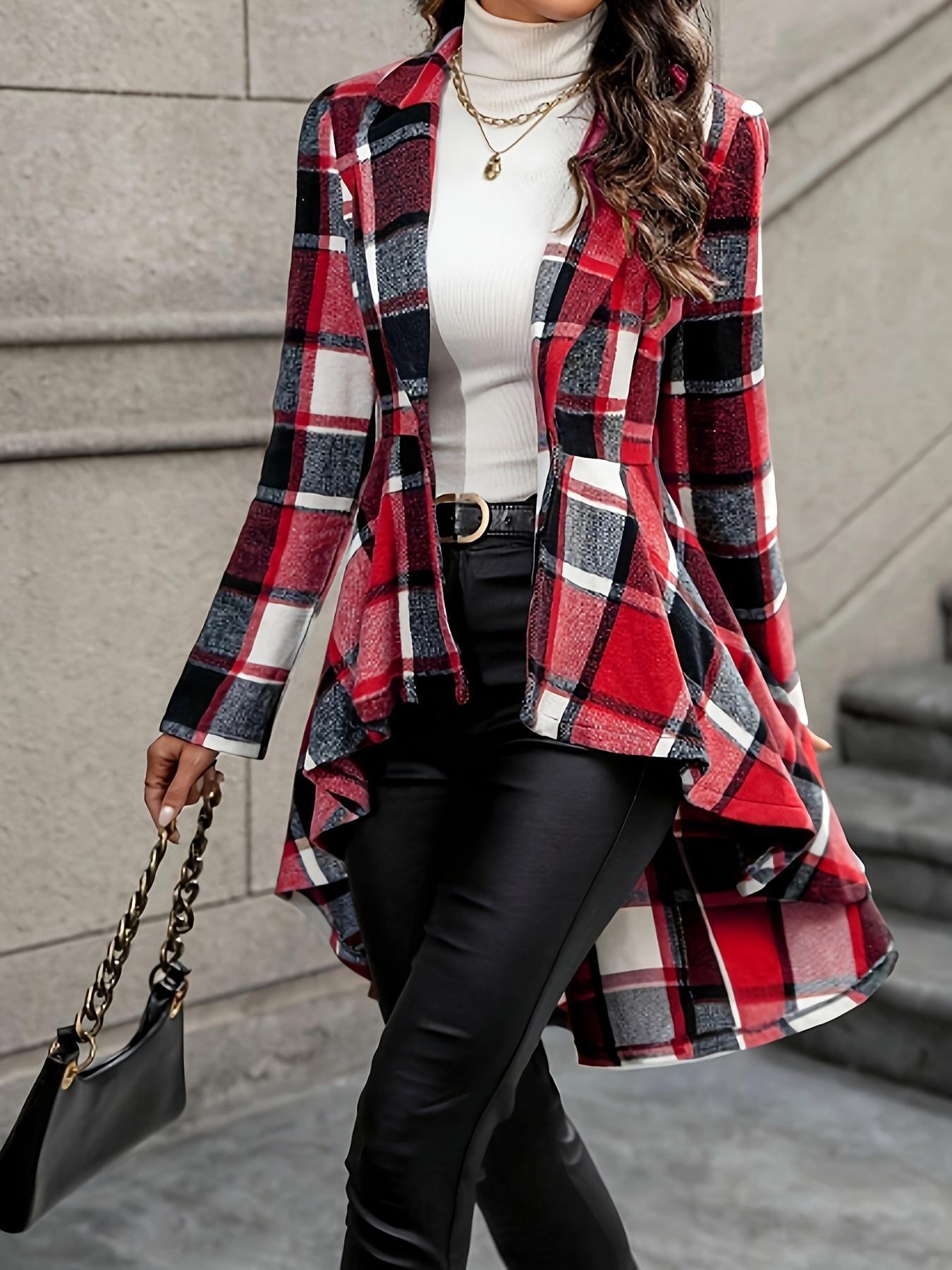 Women’s Plaid Button-Front Jacket – Long Sleeve High-Low Flared Hem