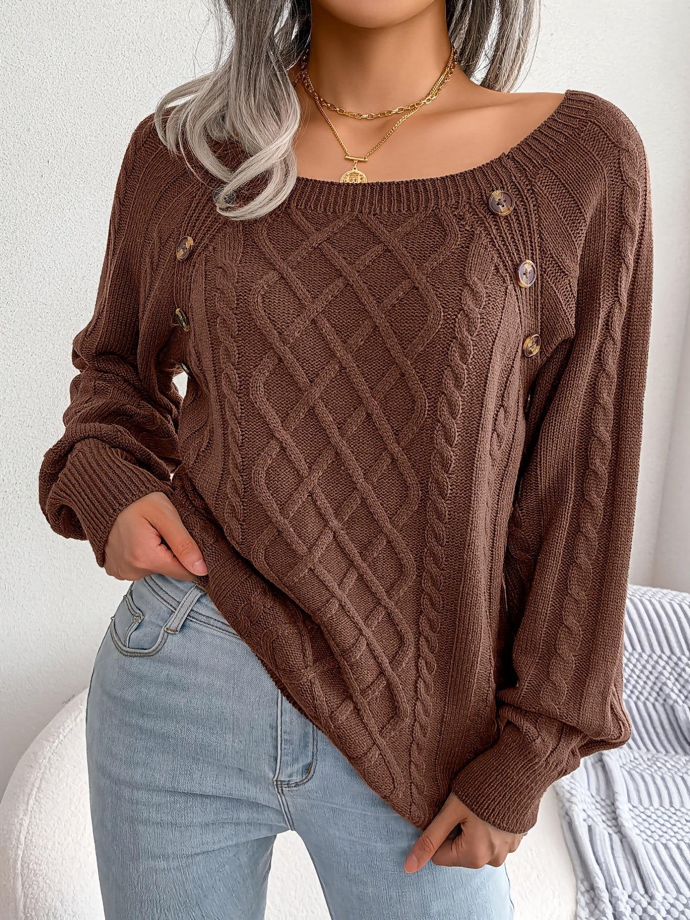 Autumn/Winter European & American Casual Solid Color Square Neck Button Twist Long Sleeve Sweater