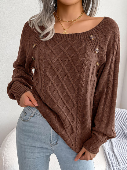 Autumn/Winter European & American Casual Solid Color Square Neck Button Twist Long Sleeve Sweater