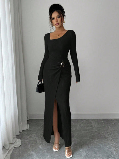 Women’s Irregular Neckline Knitted Long Dress – Autumn & Winter Solid Color Style