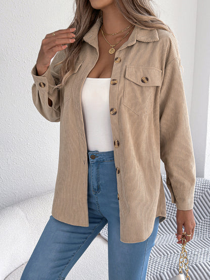 Women’s Faux Pocket Corduroy Jacket – Long Sleeve Mid-Length Styl