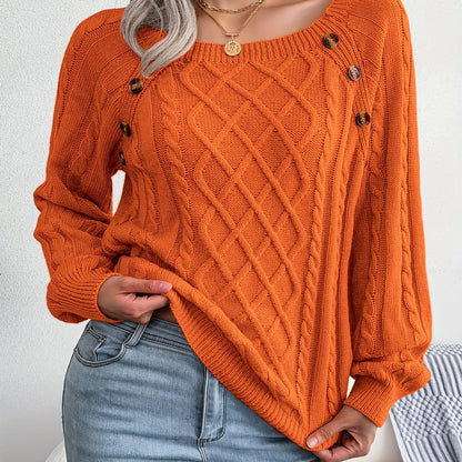 Autumn/Winter European & American Casual Solid Color Square Neck Button Twist Long Sleeve Sweater