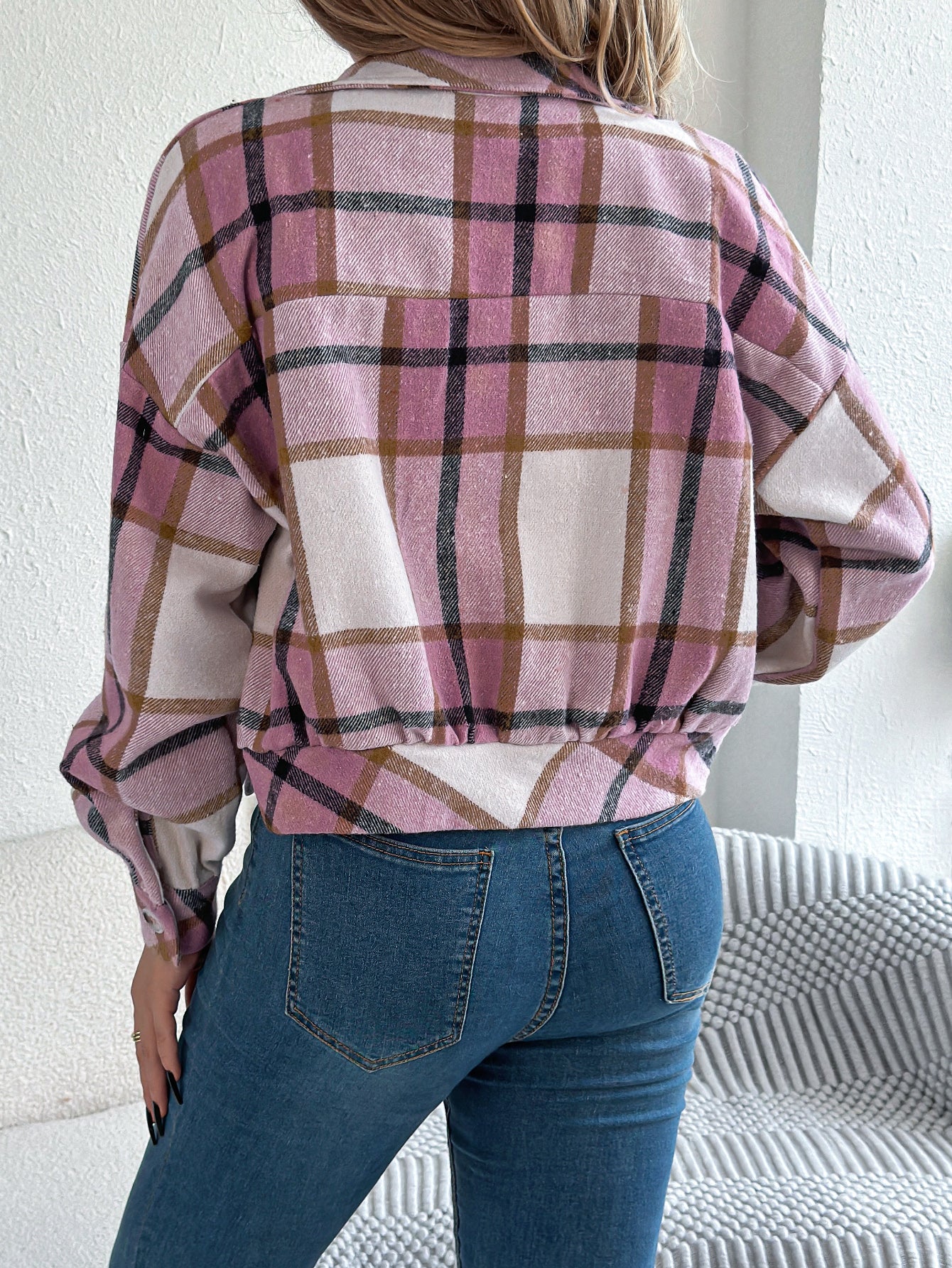 European & American Casual Plaid Wool Jacket with Faux Pockets