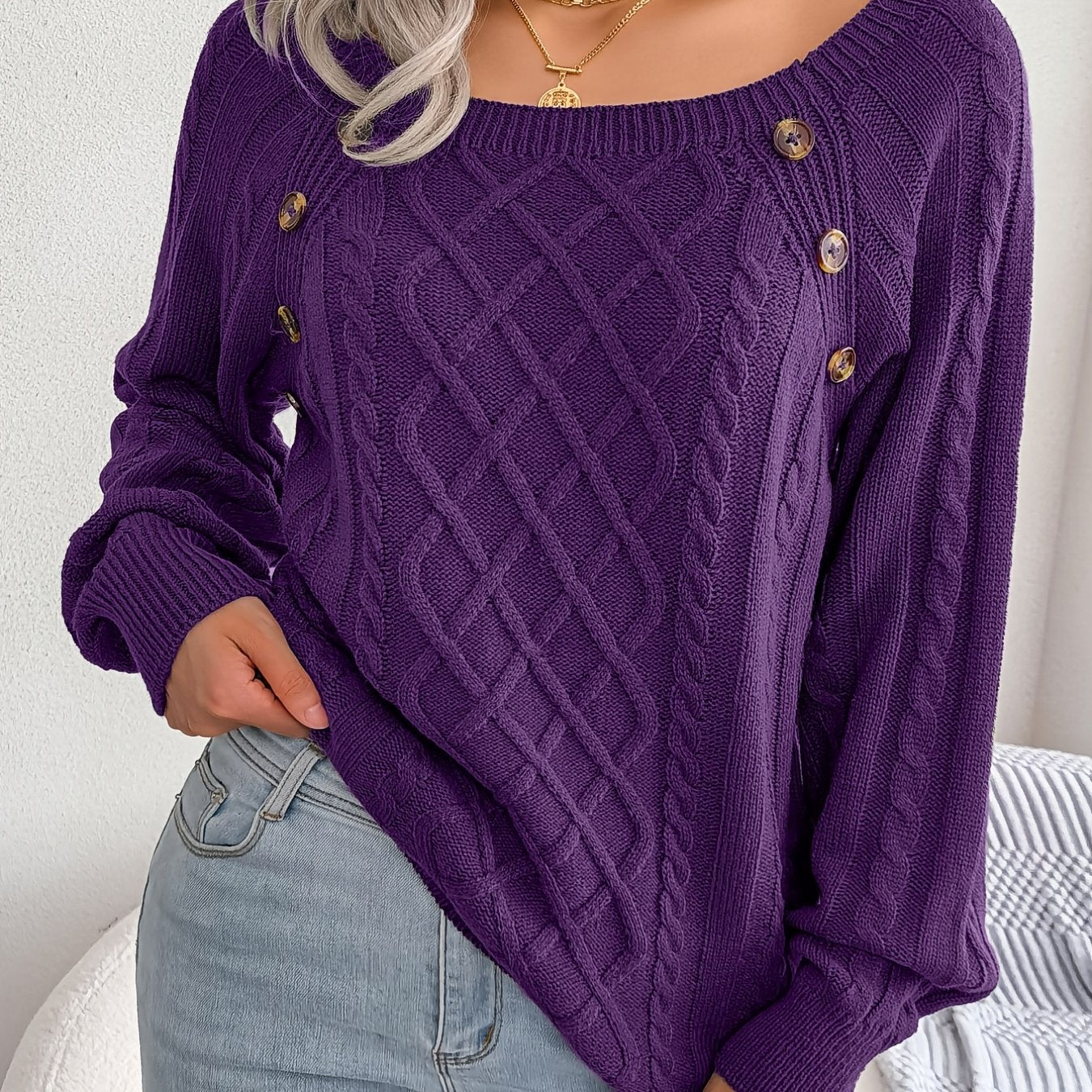 Autumn/Winter European & American Casual Solid Color Square Neck Button Twist Long Sleeve Sweater