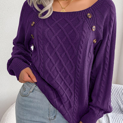 Autumn/Winter European & American Casual Solid Color Square Neck Button Twist Long Sleeve Sweater