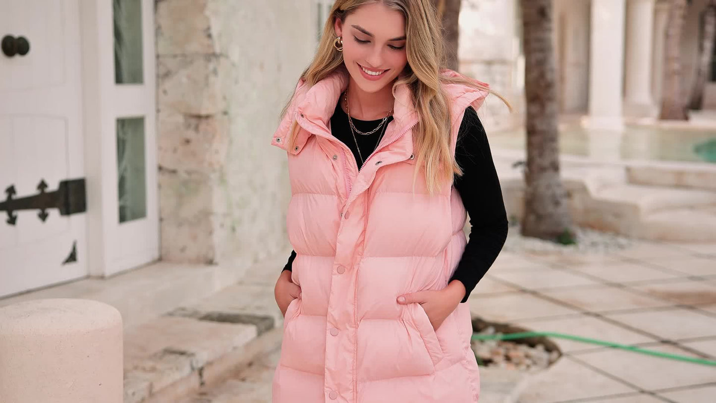 🧥❄️ Long Down Vest for Women ✨ Quilted Hooded Sleeveless Vest | 🔘 Button + Zipper | 🧸 Padded & Cozy 💼 New Fashionable Commuting Winter Jacket | 🚶‍♀️ Stylish Cold-Weather Outerwear