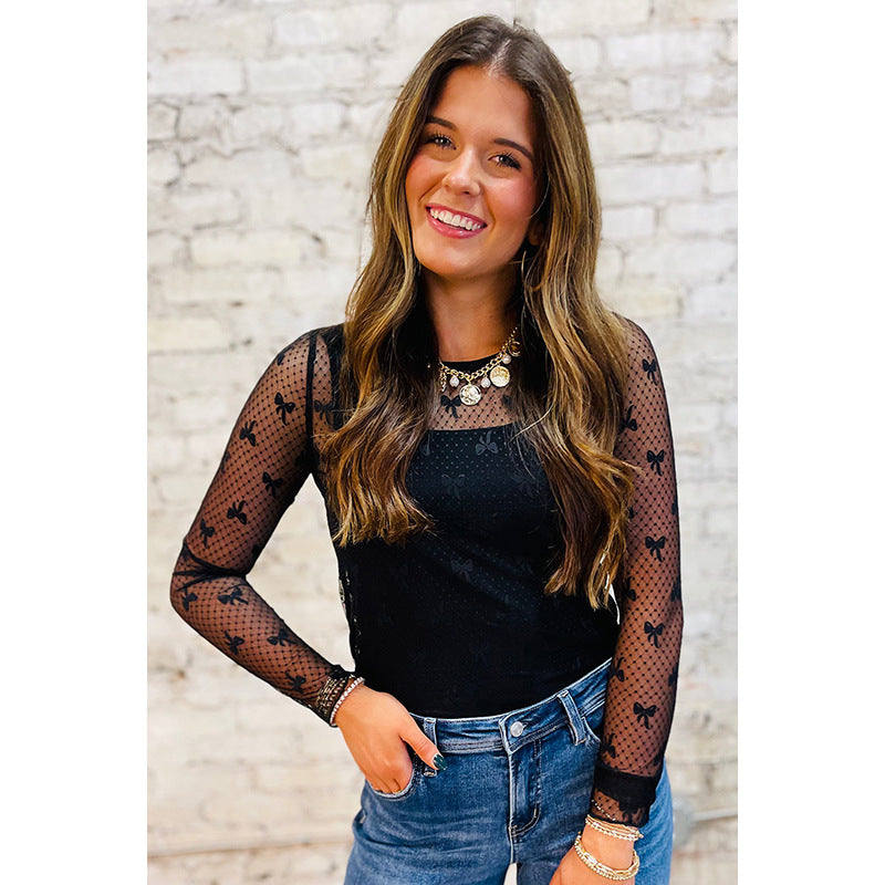 Autumn New Bow Print Long-sleeved T-shirt For Women