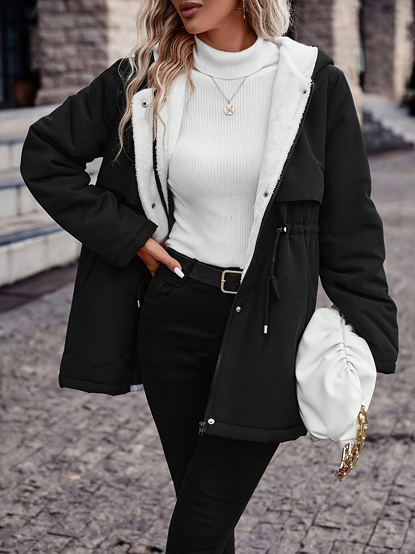 🧥❄️ Women’s Cozy Fleece-Lined Hooded Winter Coat 🔥 Thick & Warm | 🔒 Zip-Up Hood | 🎀 Drawstring Waist 🖤 Black | ⛄ Perfect for Cold Weather | 🌟 Stylish Winter Jacket
