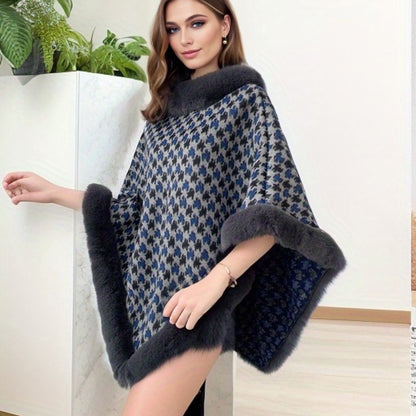 ✨ Women’s Houndstooth Cape-Style Poncho Coat – Faux Fur Trim Short Winter Wrap ❄️🧥 Elegant Black & White Warm Shawl for Fall & Winter 🍂❄️ Middle Eastern–Inspired Cape Design for Chic, Luxurious Style ✨