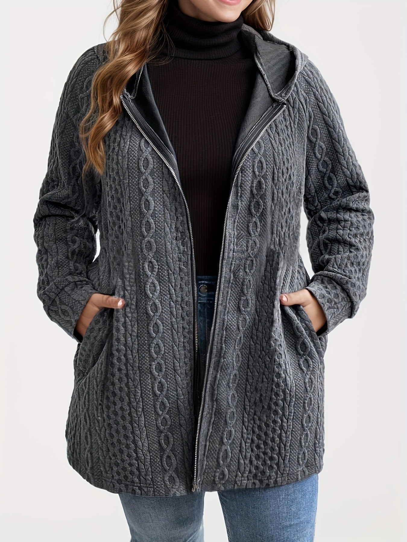 Women’s Hooded Patchwork Coat – Solid Color Wavy Pattern with Pockets