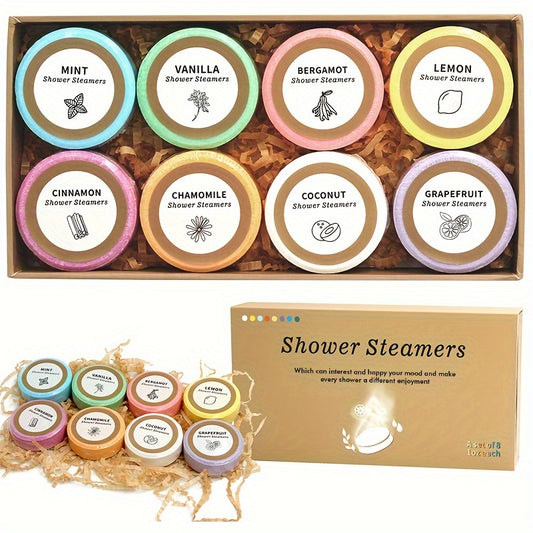 Shower Steamers 🚿✨ | 8 Essential Oil Bombs 🌿 | Lavender 💜, Mint 🌱, Vanilla 🍦, Citrus 🍋🍊, Cinnamon 🌶️, Coconut 🥥 | Spa Relaxation Gift 🎁