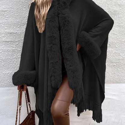 🧥✨ Women’s Elegant Hooded Cape Coat 🌟 V-Neck | 👚 Long Sleeves | 🎀 Fringe Trim | 🤎 Brown ❄️ All-Season Outerwear | 💃 Casual to Formal | 🌟 Sophisticated Winter Style