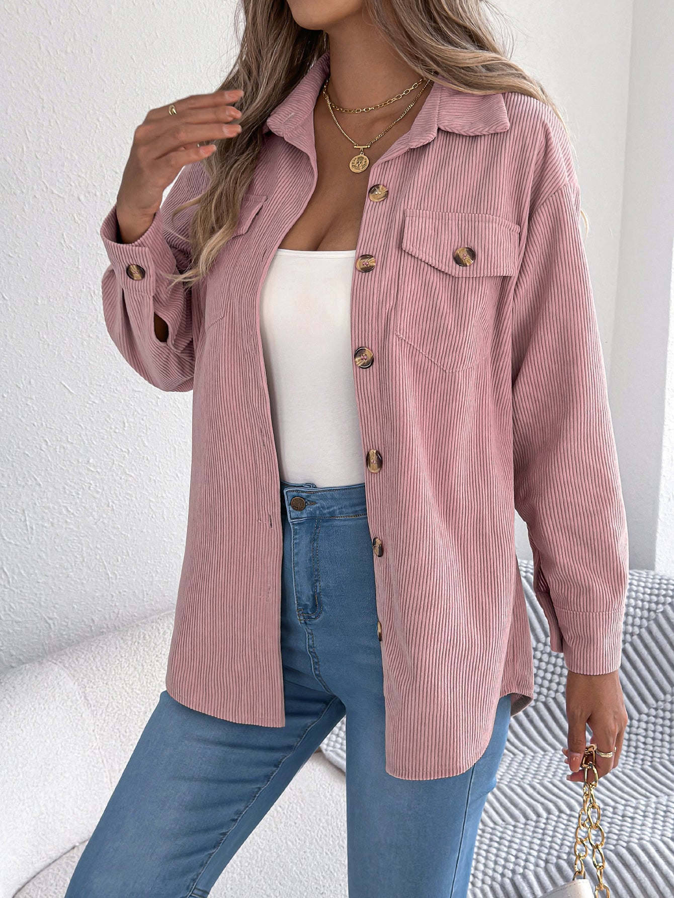 Women’s Faux Pocket Corduroy Jacket – Long Sleeve Mid-Length Styl