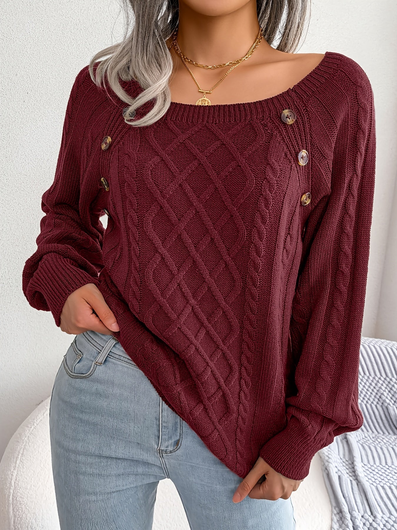 Autumn/Winter European & American Casual Solid Color Square Neck Button Twist Long Sleeve Sweater
