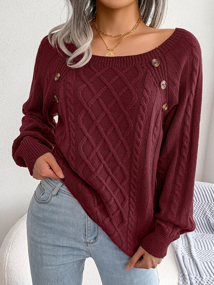 Autumn/Winter European & American Casual Solid Color Square Neck Button Twist Long Sleeve Sweater