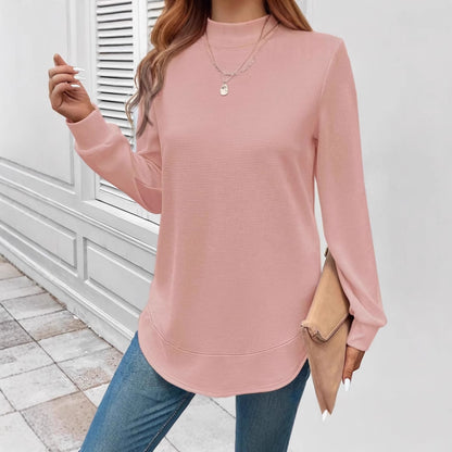 Women’s Long Sleeve Waffle Texture Top – Solid Color, Round Neck
